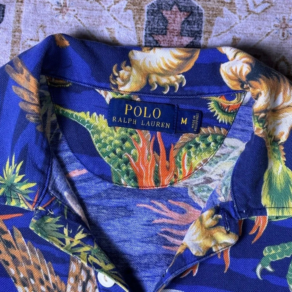 Polo Ralph Lauren Mens Blue Tiger Dragon Eagle Japanese Print Shirt Medium 2014
